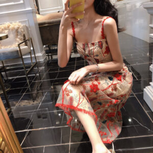 Alternative view of Đầm Hai Dây Nữ Hoa Nhí Phối Ren Dáng Dài Mùa Hè Phong Cách Pháp Hàn Quốc