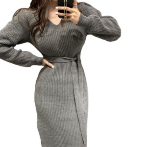 Đầm Len Dệt Kim Cổ Chữ V Ôm Dáng Dài Qua Gối Phong Cách Pháp Thanh Lịch - Ảnh 5