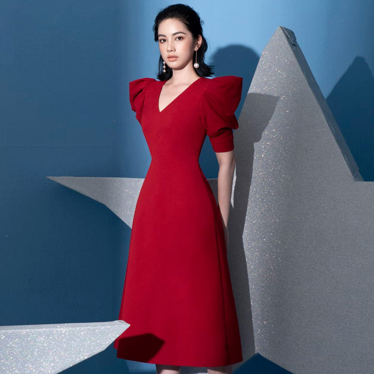 Váy Đo Nữ Phong Cách Hepburn Cổ V Dáng Chữ A Tôn Dáng Thanh Lịch Thời Thượng - Ảnh 2