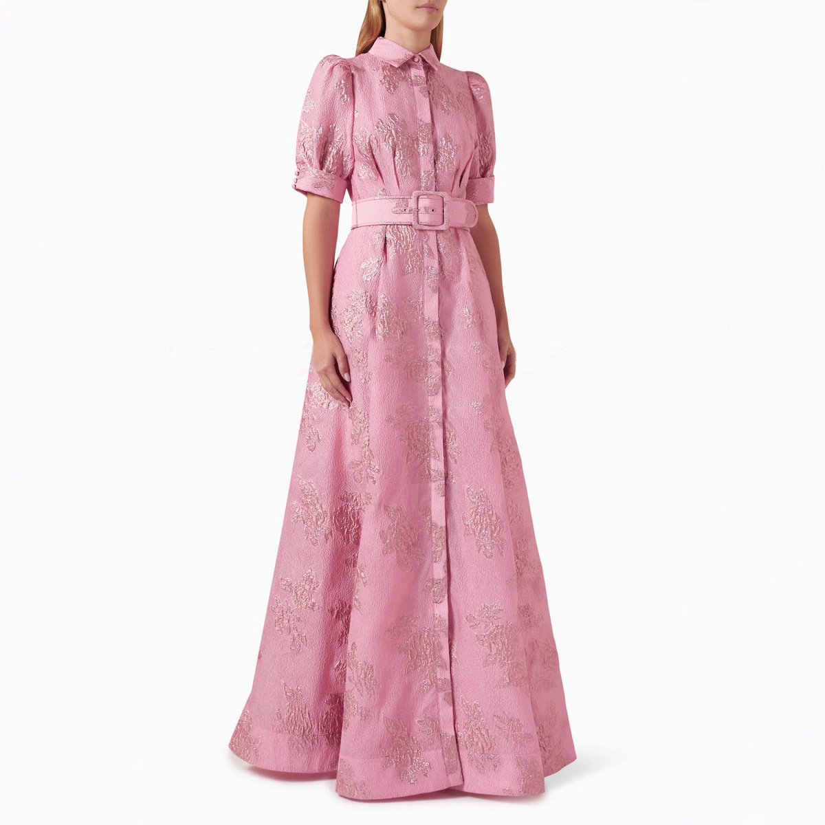 Đầm Sơ Mi Nữ Cổ Bẻ Họa Tiết Jacquard Vintage Tay Ngắn Kèm Thắt Lưng Phong Cách Cổ Điển - Ảnh 3