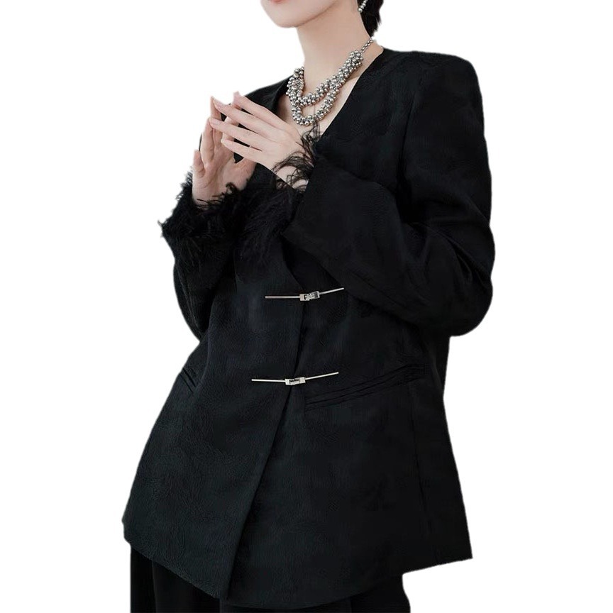 Áo Blazer Nữ Đen Thu 2026 Phong Cách Trung Hoa Hiện Đại Dệt Jacquard Cổ V Dáng Rộng Thiết Kế Thời Trang - Ảnh 5