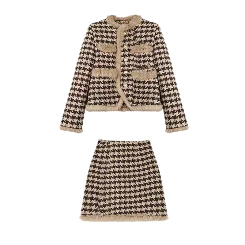 Set Áo Khoác Dạ Houndstooth Lót Lông Dày Nữ Phong Cách Pháp Sang Trọng Thu Đông 2026 - Ảnh 5