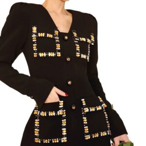 Đầm Nữ Đen Dáng Ngắn Đính Đá Thủ Công Cổ Chữ V Ngược Eo Cao Thanh Lịch Cao Cấp - Ảnh 5