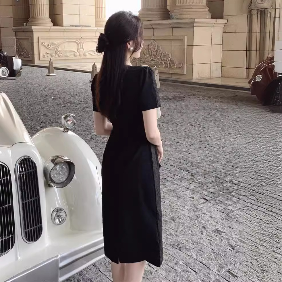 Đầm Dài Nữ Mùa Hè Phối Đen Trắng Ren Thêu Lưới Voan Dây Ruy Băng Phong Cách Thanh Lịch Nữ Tính - Ảnh 4