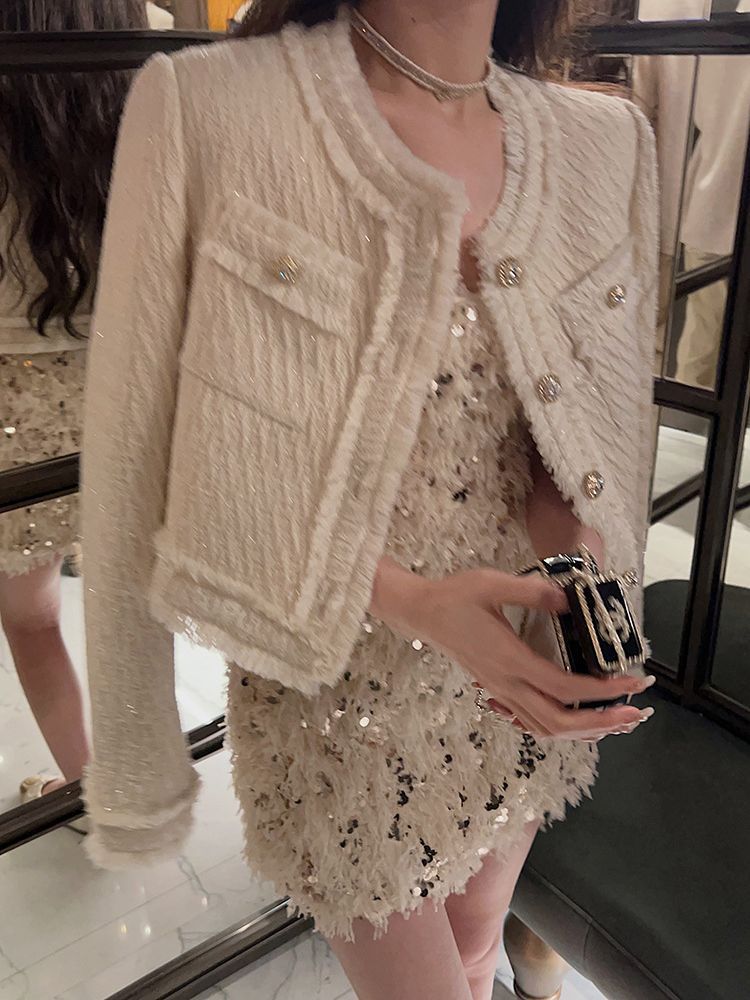 Áo Khoác Dạ Tweed Nữ 2026 Thu Đông Dệt Sợi Ánh Kim Tua Rua Sang Trọng Phong Cách Tiểu Hương Phong