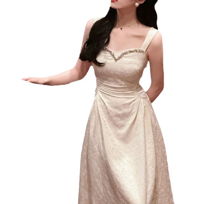 Đầm Dài Nữ Mùa Hè 2026 Sát Nách Chiết Eo Tôn Dáng Dệt Jacquard Đính Đá Thủ Công Phong Cách Pháp - Ảnh 5