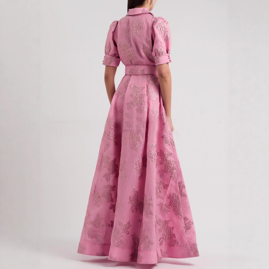 Đầm Sơ Mi Nữ Cổ Bẻ Họa Tiết Jacquard Vintage Tay Ngắn Kèm Thắt Lưng Phong Cách Cổ Điển - Ảnh 4