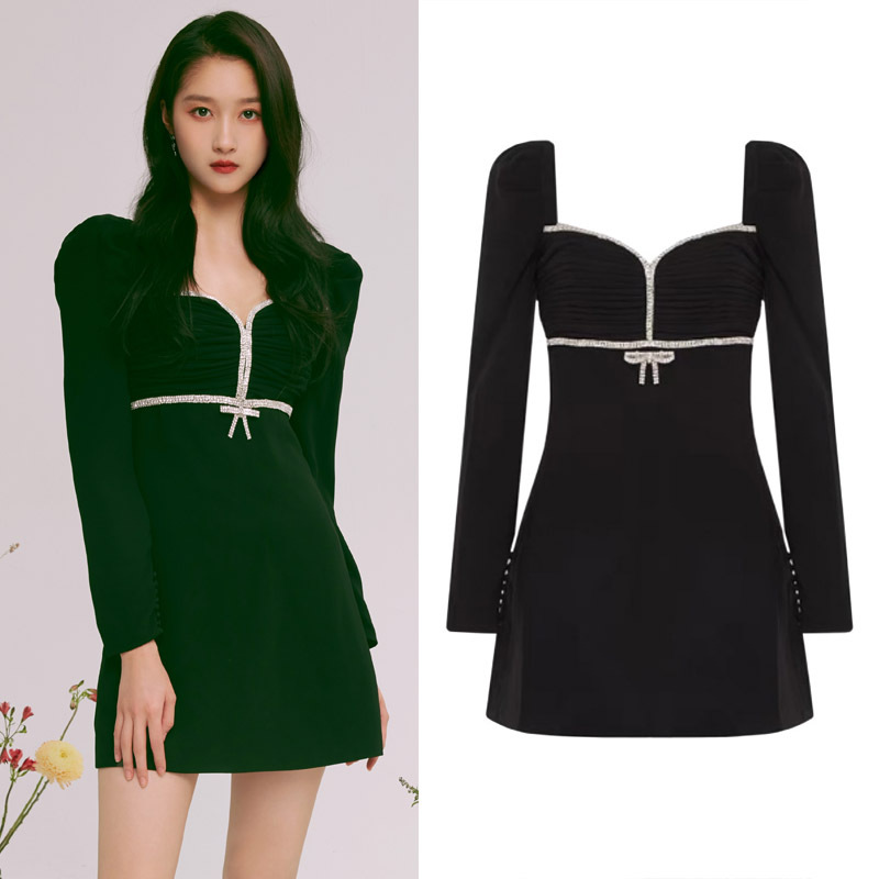Đầm Đen Nữ Tay Phồng Cổ V Dài Tay Đính Đá Dáng Ngắn Phong Cách Hepburn Thanh Lịch