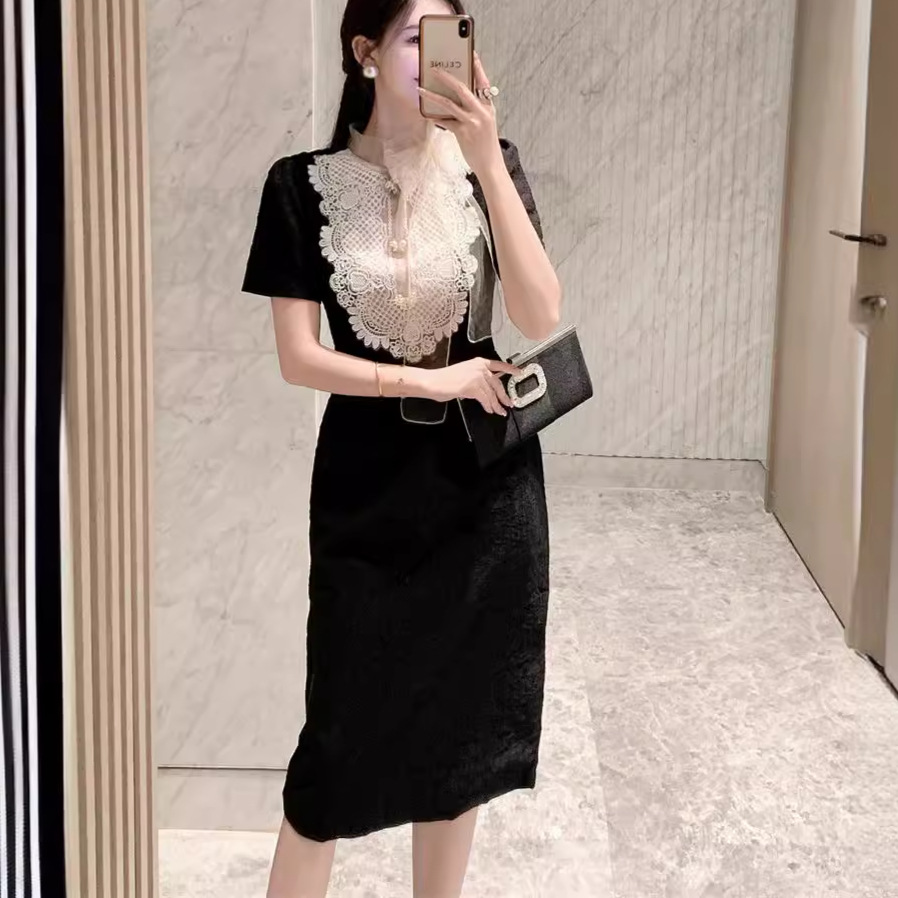 Đầm Dài Nữ Mùa Hè Phối Đen Trắng Ren Thêu Lưới Voan Dây Ruy Băng Phong Cách Thanh Lịch Nữ Tính - Ảnh 2