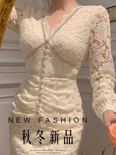 Đầm Ren Nữ Phong Cách Pháp Tiểu Thư Thanh Lịch Có Lót Nỉ Giữ Ấm Thu Đông - Ảnh 5