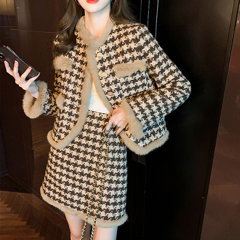 Set Áo Khoác Dạ Houndstooth Lót Lông Dày Nữ Phong Cách Pháp Sang Trọng Thu Đông 2026 - Ảnh 3