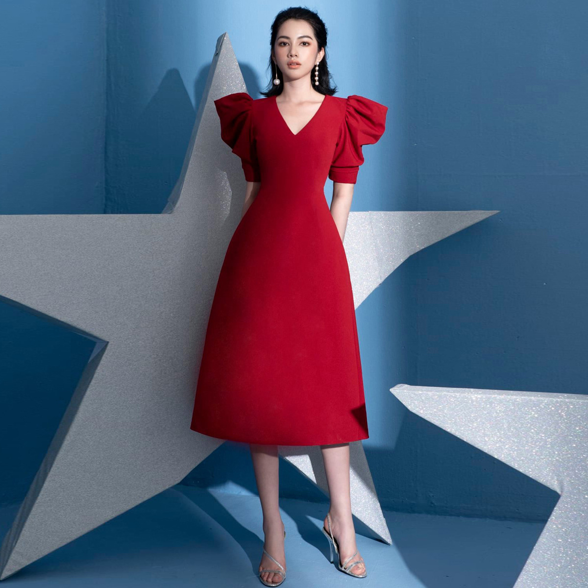 Váy Đo Nữ Phong Cách Hepburn Cổ V Dáng Chữ A Tôn Dáng Thanh Lịch Thời Thượng - Ảnh 4