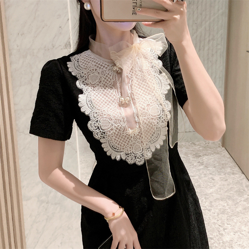 Đầm Dài Nữ Mùa Hè Phối Đen Trắng Ren Thêu Lưới Voan Dây Ruy Băng Phong Cách Thanh Lịch Nữ Tính - Ảnh 3