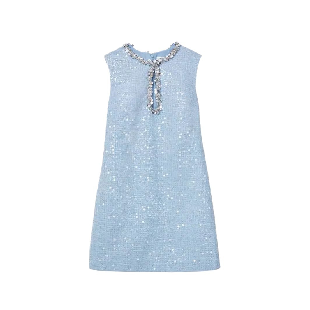 Đầm Nữ Đầu Thu 2026 Tweed Dệt Thô Cut-Out Đính Sequin Và Đá Cổ Tròn Sát Nách Sang Trọng - Ảnh 5
