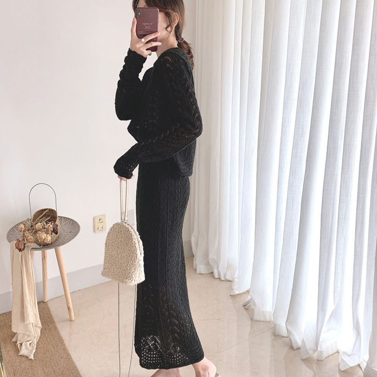 Set Len Nữ Áo Len Đan Lỗ Kèm Chân Váy Dệt Kim Thu 2026 Phong Cách Hàn Quốc - Ảnh 2