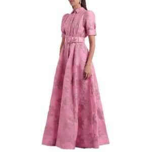 Đầm Sơ Mi Nữ Cổ Bẻ Họa Tiết Jacquard Vintage Tay Ngắn Kèm Thắt Lưng Phong Cách Cổ Điển - Ảnh 5