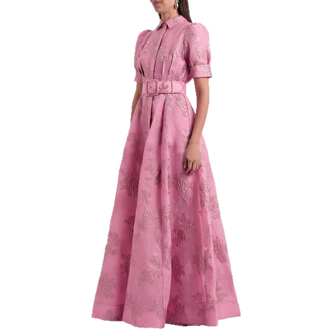 Đầm Sơ Mi Nữ Cổ Bẻ Họa Tiết Jacquard Vintage Tay Ngắn Kèm Thắt Lưng Phong Cách Cổ Điển - Ảnh 5
