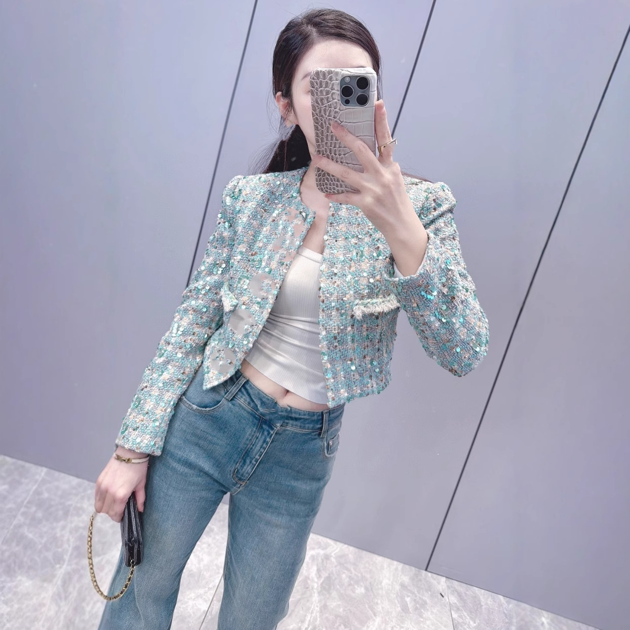 Áo Khoác Nữ Pháp Phong Cách Châu Âu Thu 2026 Đính Hạt Sequin Sang Trọng Tay Dài Dáng Ngắn