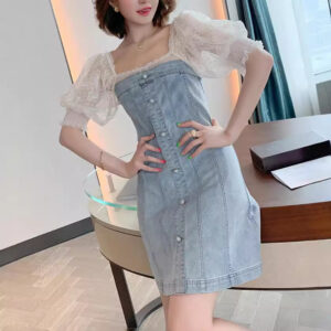 Đầm Denim Nữ Xanh Tay Phồng Cổ Vuông Hở Lưng Chiết Eo Mùa Hè 2026