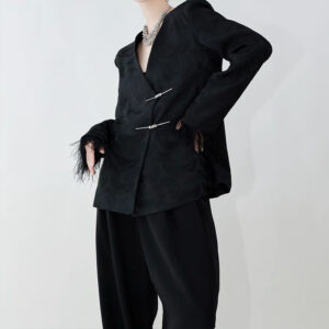 Alternative view of Áo Blazer Nữ Đen Thu 2026 Phong Cách Trung Hoa Hiện Đại Dệt Jacquard Cổ V Dáng Rộng Thiết Kế Thời Trang