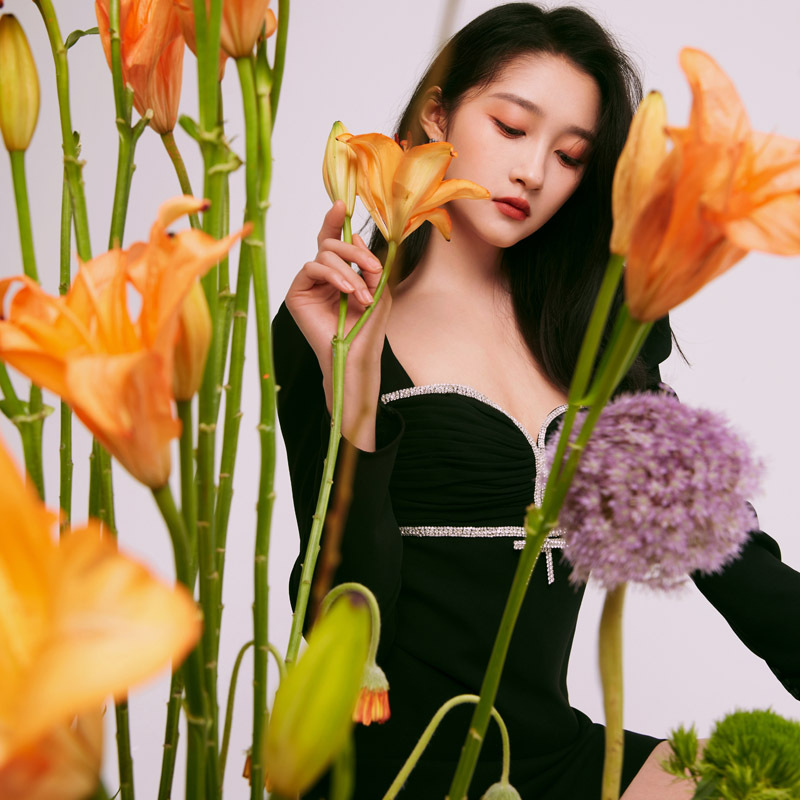 Đầm Đen Nữ Tay Phồng Cổ V Dài Tay Đính Đá Dáng Ngắn Phong Cách Hepburn Thanh Lịch - Ảnh 3