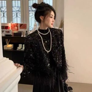 Alternative view of Áo Khoác Nữ Tweed Phối Lông Đính Sequin Sang Trọng Phong Cách Tiểu Thư Thu 2026 Tôn Dáng
