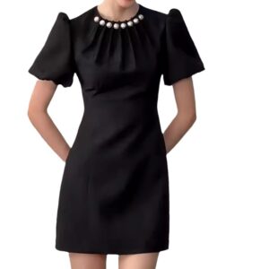 Đầm Đen Nữ Mùa Hè 2026 Phong Cách Pháp Hepburn Họa Tiết Jacquard Ngọc Trai Tay Phồng Dáng Chữ A - Ảnh 5