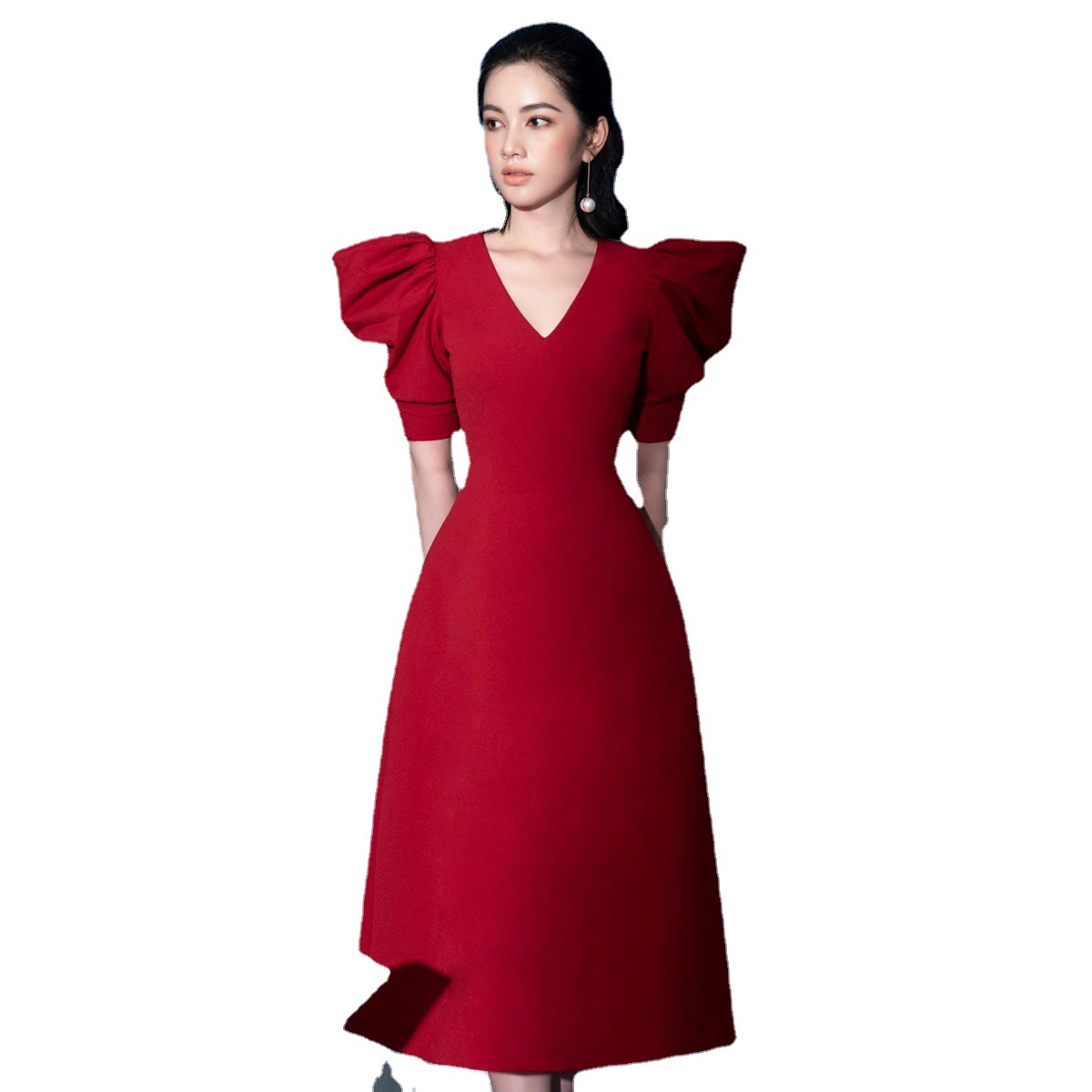 Váy Đo Nữ Phong Cách Hepburn Cổ V Dáng Chữ A Tôn Dáng Thanh Lịch Thời Thượng - Ảnh 5