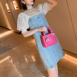 Alternative view of Đầm Denim Nữ Xanh Tay Phồng Cổ Vuông Hở Lưng Chiết Eo Mùa Hè 2026