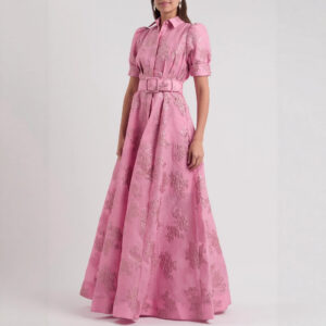 Đầm Sơ Mi Nữ Cổ Bẻ Họa Tiết Jacquard Vintage Tay Ngắn Kèm Thắt Lưng Phong Cách Cổ Điển