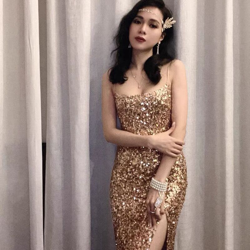 Váy Sequin Vàng Nữ Dây Mảnh Lấp Lánh Sang Trọng Phong Cách Dạ Tiệc Cao Cấp - Ảnh 3