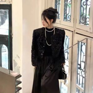 Áo Khoác Nữ Tweed Phối Lông Đính Sequin Sang Trọng Phong Cách Tiểu Thư Thu 2026 Tôn Dáng - Ảnh 4
