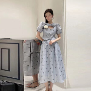 Alternative view of Set Áo Sơ Mi Tay Phồng Nơ Phối Chân Váy Hoa Cạp Cao Nữ Phong Cách Nữ Sinh Mùa Hè