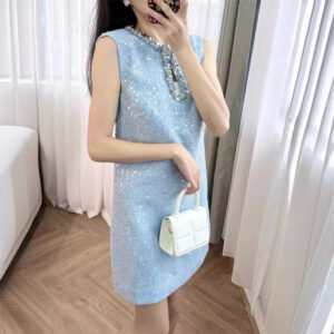 Đầm Nữ Đầu Thu 2026 Tweed Dệt Thô Cut-Out Đính Sequin Và Đá Cổ Tròn Sát Nách Sang Trọng - Ảnh 4