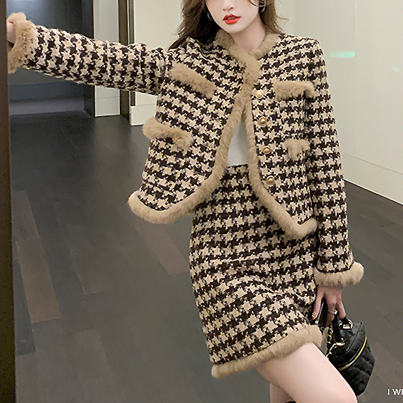 Set Áo Khoác Dạ Houndstooth Lót Lông Dày Nữ Phong Cách Pháp Sang Trọng Thu Đông 2026 - Ảnh 2