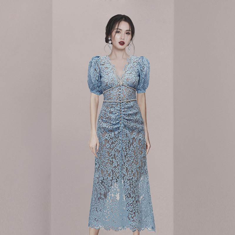 Váy Ren Xanh Nữ Phong Cách Pháp Thanh Lịch Tiểu Thư Âu Mỹ Dự Tiệc Mùa Hè