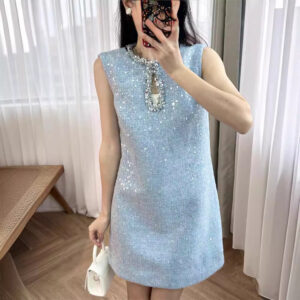 Alternative view of Đầm Nữ Đầu Thu 2026 Tweed Dệt Thô Cut-Out Đính Sequin Và Đá Cổ Tròn Sát Nách Sang Trọng