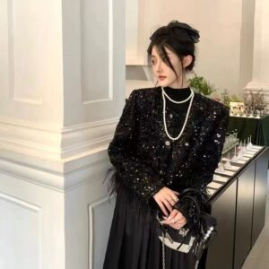 Áo Khoác Nữ Tweed Phối Lông Đính Sequin Sang Trọng Phong Cách Tiểu Thư Thu 2026 Tôn Dáng - Ảnh 3