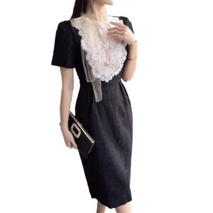 Đầm Dài Nữ Mùa Hè Phối Đen Trắng Ren Thêu Lưới Voan Dây Ruy Băng Phong Cách Thanh Lịch Nữ Tính - Ảnh 5