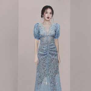 Váy Ren Xanh Nữ Phong Cách Pháp Thanh Lịch Tiểu Thư Âu Mỹ Dự Tiệc Mùa Hè - Ảnh 3