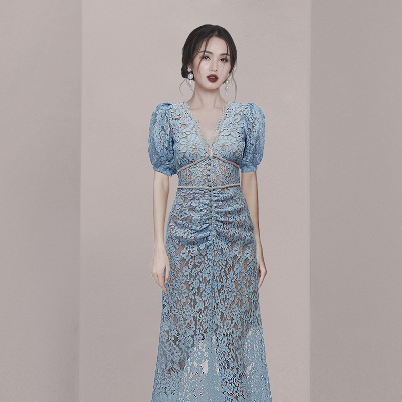 Váy Ren Xanh Nữ Phong Cách Pháp Thanh Lịch Tiểu Thư Âu Mỹ Dự Tiệc Mùa Hè - Ảnh 3