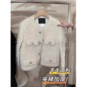 Áo Khoác Dạ Tweed Nữ Dáng Ngắn Cổ Tròn Cài Cúc Đơn Phong Cách Tiểu Thư Sang Trọng Thu Đông 2026