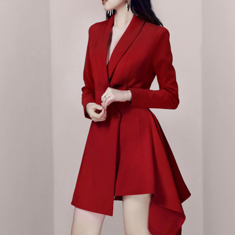 Đầm Vest Nữ Công Sở Màu Đỏ Thu 2026 Phong Cách OL Thanh Lịch Dáng Đuôi Tôm Đi Làm - Ảnh 3