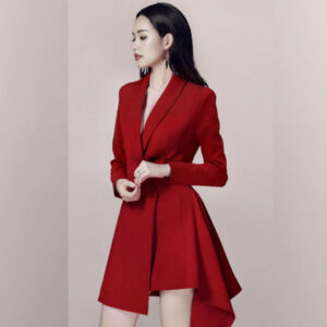 Đầm Vest Nữ Công Sở Màu Đỏ Thu 2026 Phong Cách OL Thanh Lịch Dáng Đuôi Tôm Đi Làm