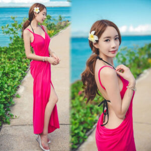 Alternative view of Đầm Dài Nữ Bohemian Đi Biển Chất Modal Cổ V Hở Lưng Hai Dây Phong Cách Nghỉ Dưỡng