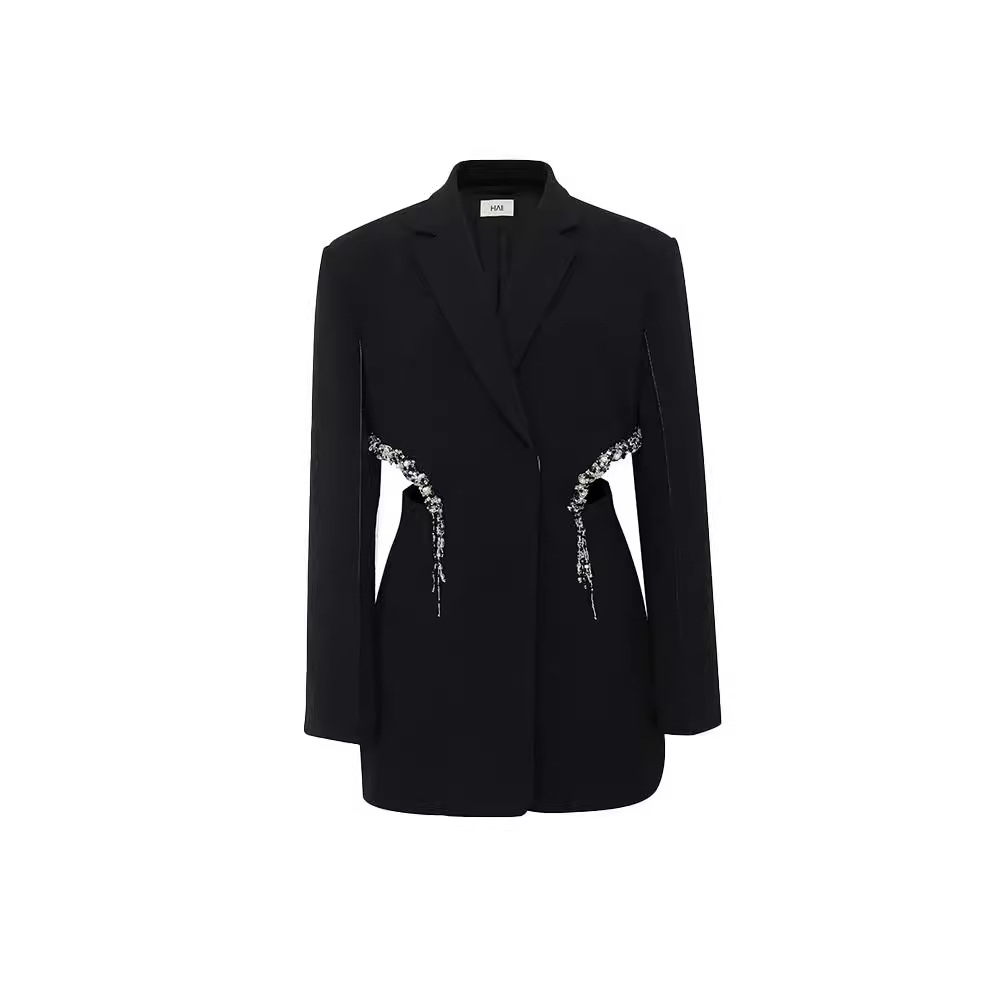 Áo Blazer Nữ Màu Đen 2026 Phong Cách Audrey Hepburn Tay Dài Đính Đá Thủ Công Hở Eo Thanh Lịch - Ảnh 5