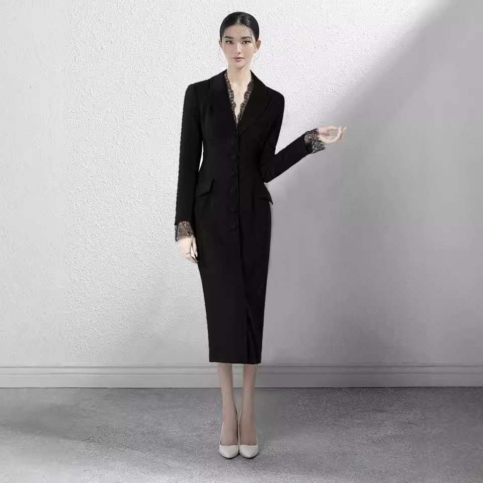 Đầm Vest Nữ Phong Cách Pháp Cổ Điển Viền Ren Dáng Ôm Tiểu Thư Váy Đen Thanh Lịch - Ảnh 2