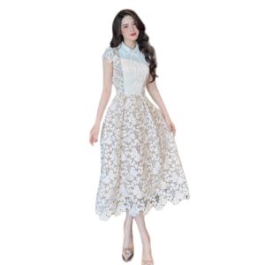 Đầm Ren Hoa 3D 2026 Tay Ngắn Dáng Dài Vừa Thắt Nơ Tôn Dáng - Ảnh 5