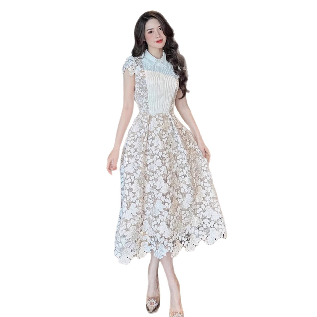 Đầm Ren Hoa 3D 2026 Tay Ngắn Dáng Dài Vừa Thắt Nơ Tôn Dáng - Ảnh 5