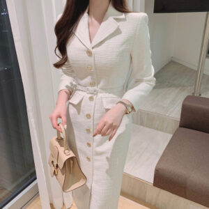 Đầm Trắng Tay Dài Cổ Vest Phong Cách Pháp Ôm Eo Tôn Dáng Thanh Lịch